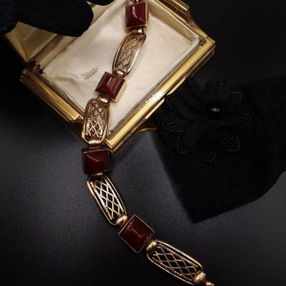 ANTIQUE Art Deco Bracelet | Carnelian Gold Panel Bracelet | Birmingham | Filigre - Picture 3 of 12
